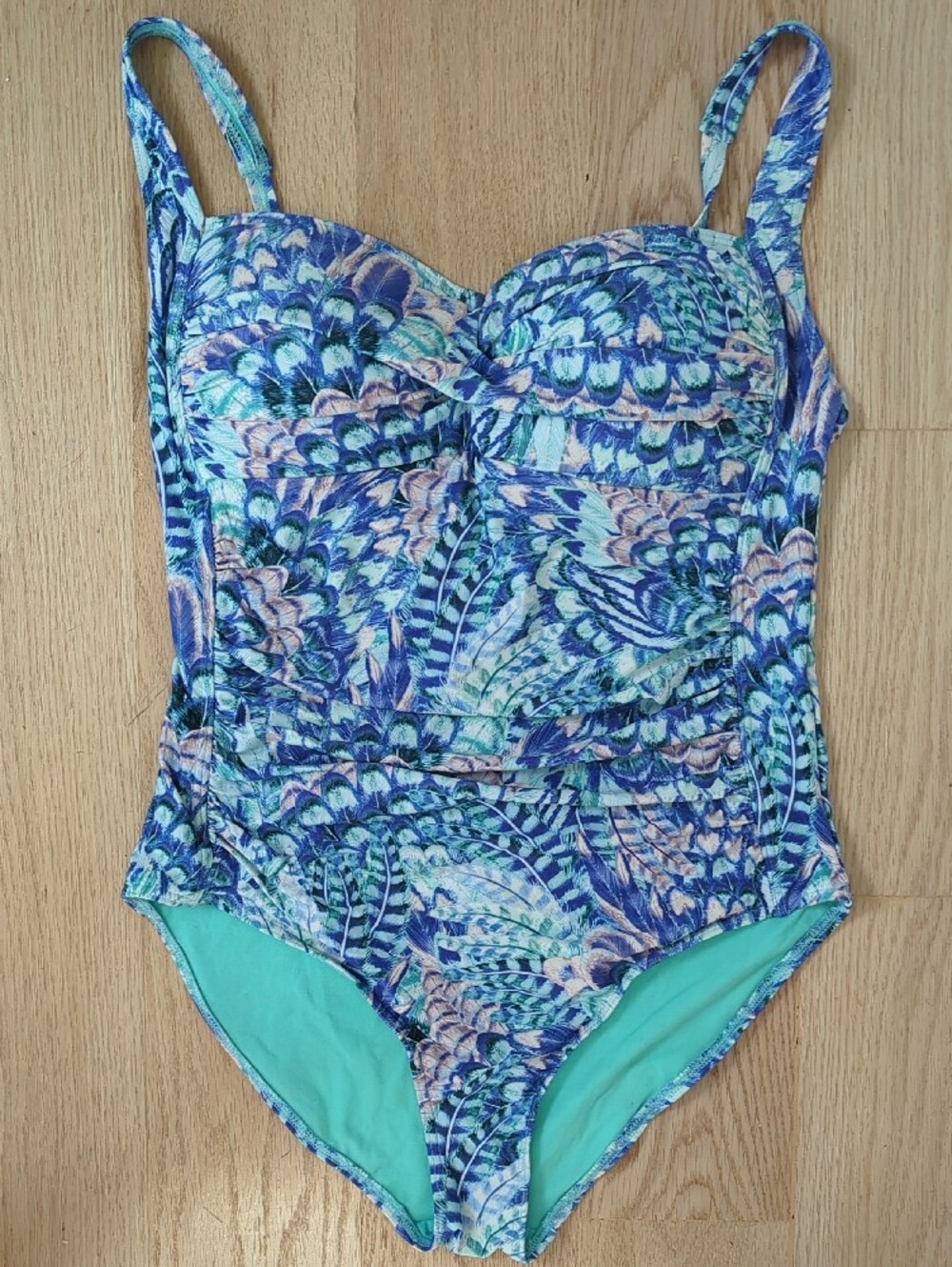 Nip Tuck Swim Peacock Feather Tummy Control Turquoise Blue One Piece Swimsuit 16 - Picture 7 of 11